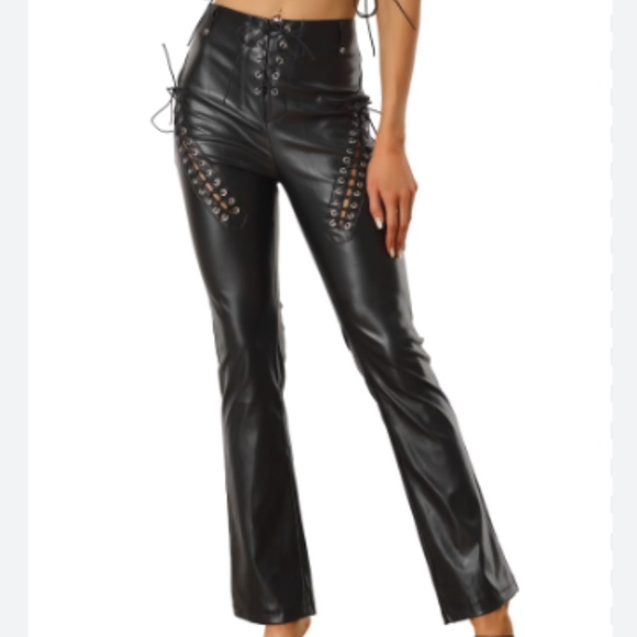 Allegra K "NEW" Black Faux Leather Lace Up Gothic Punk High Rise Pants Size M - Picture 1 of 11
